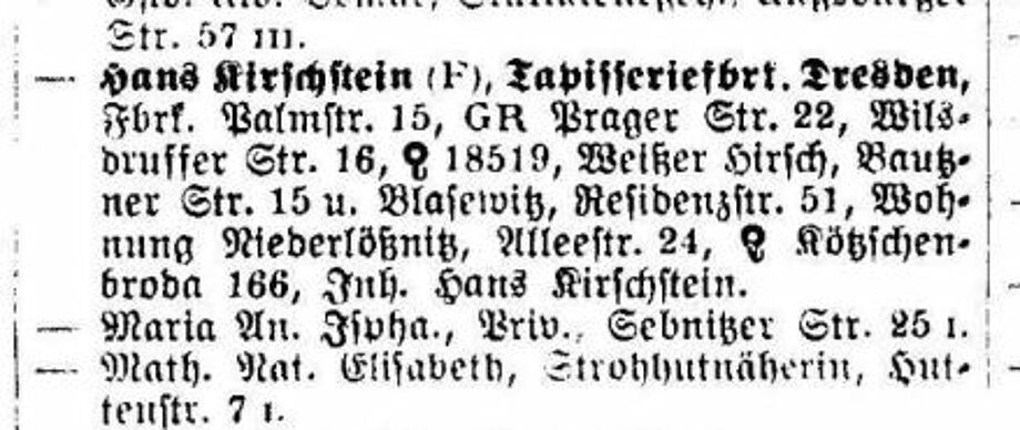 Eintrag der Tapisseriefabrik Kirschstein und Co GmbH im Dresdner Adressbuch (1924/25)