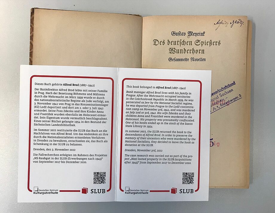 Einleger zum Buch aus dem Eigentum Alfred Brods (Foto: SLUB Dresden)