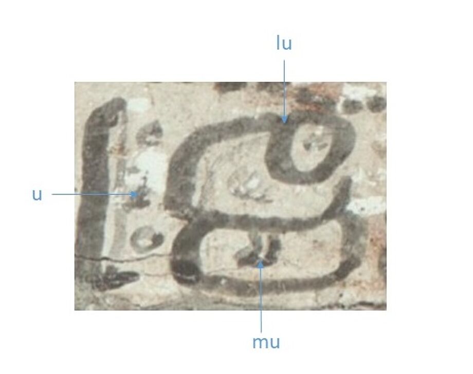 Beispiel für eine syllabische Darstellung: u-lu-mu, ulum, „Truthahn“. Zu erkennen ist das „u“ aus dem Landa-Alphabet (Codex Dresdensis, S. 49)