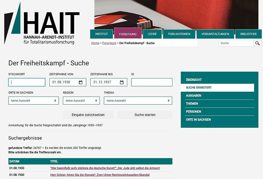 Auch in der Online-Datenbank des Hannah-Arendt-Instituts für Totalitarismusforschung (HAIT) ist "Der Freiheitskampf" recherchierbar.