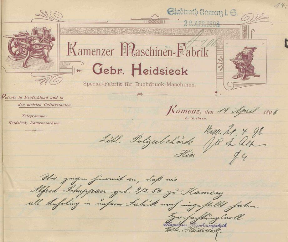 Geschäftsbrief der Firma Kamenzer Maschinenfabrik Gebr. Heidsieck, Stadtarchiv Kamenz, Nr. 3205