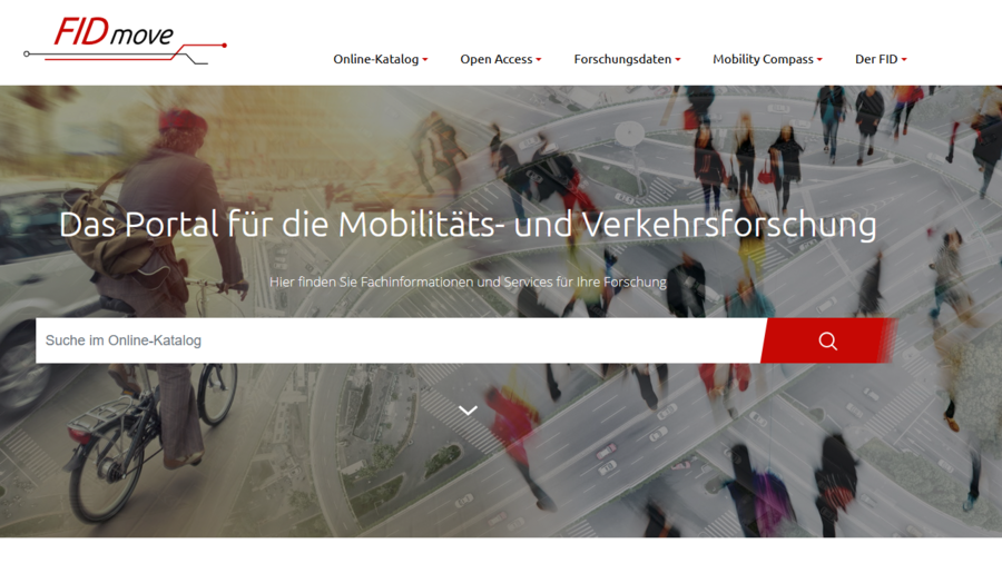 Das Bild zeigt einen Screenshot der Startseite von www.fid-move.de. Im Mittelpunkt steht der Suchschlitz für die Recherche im Online-Katalog.