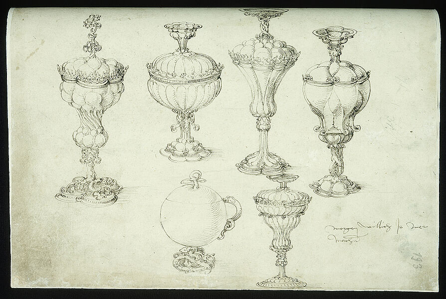 Die Skizze zeigt sechs Pokale in unterschiedlichen Formen. 