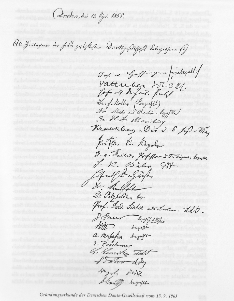 Die Gründungsurkunde der Deutschen Dante-Gesellschaft vom 13. September 1865