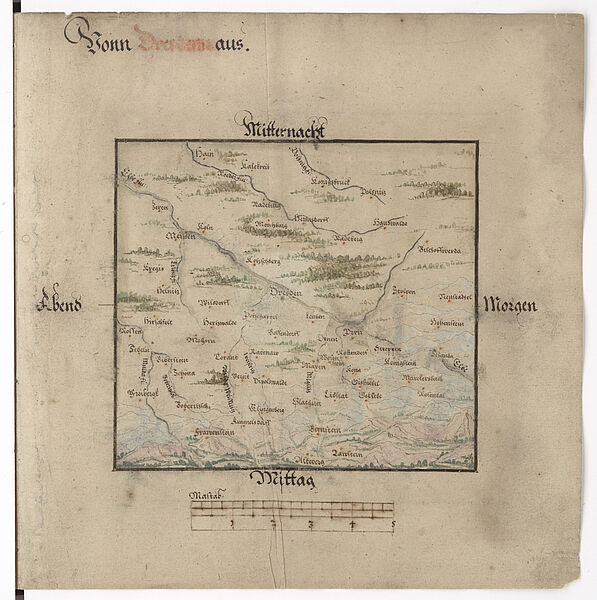 Landtafeln von Kursachsen und angrenzenden Ländern, kolorierte Handzeichnung, zwischen 1574 u. 1584. Eigentümer: SLUB / Deutsche Fotothek.