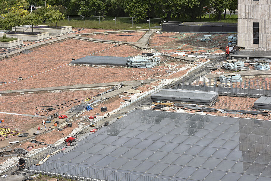 Das Bild zeigt die Baustelle hinter der Zentralbibliothek. Das Gründach ist freigelegt und wird umfassend erneuert.