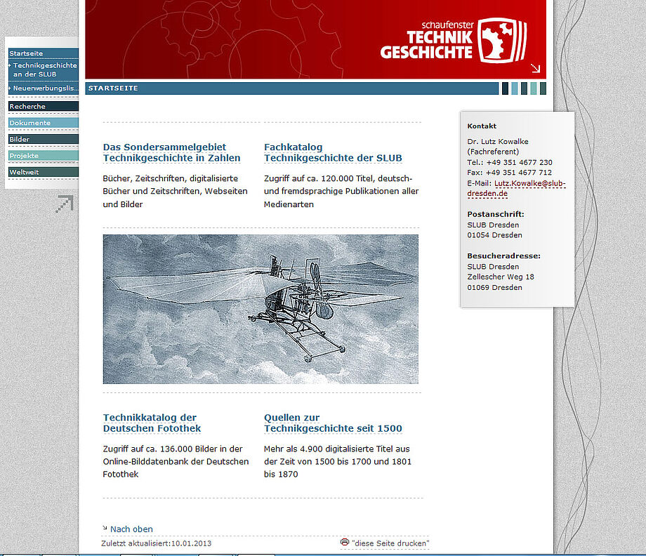 Screenshot der Webseite Technikgeschichte