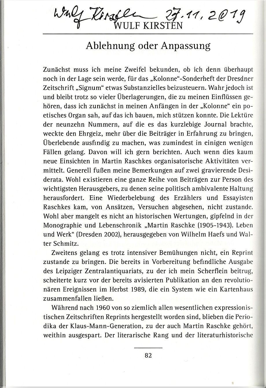 Autograph von Wulf Kirsten über seinen Artikel im Sonderheft der Zeitschrift „Signum“ anlässlich der Festveranstaltung in der SLUB am 27. November 2019